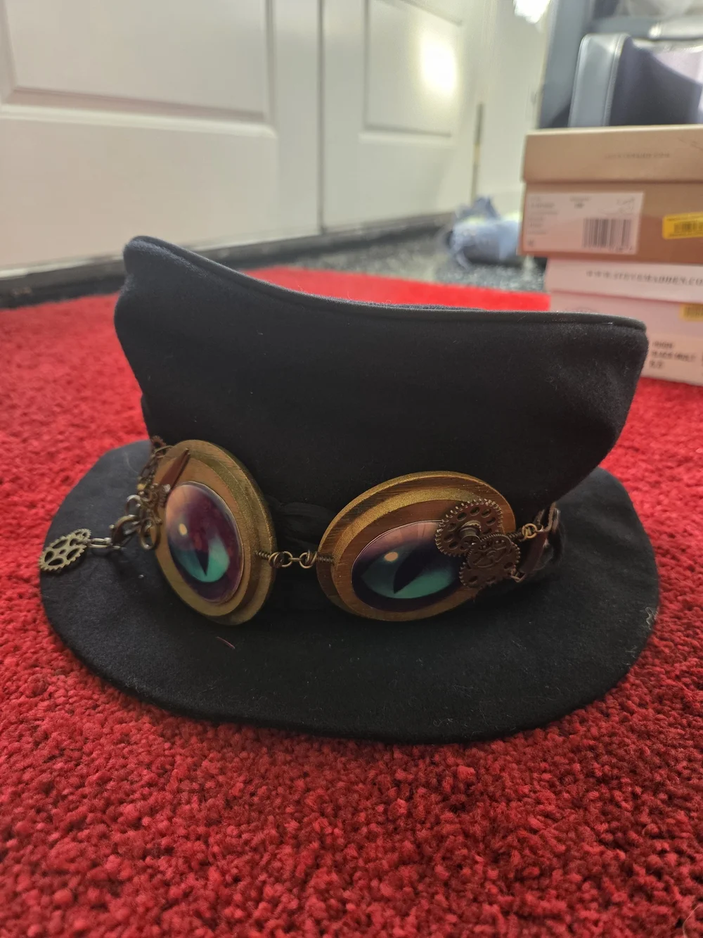 Steampunk Black Wool Hat with Goggles